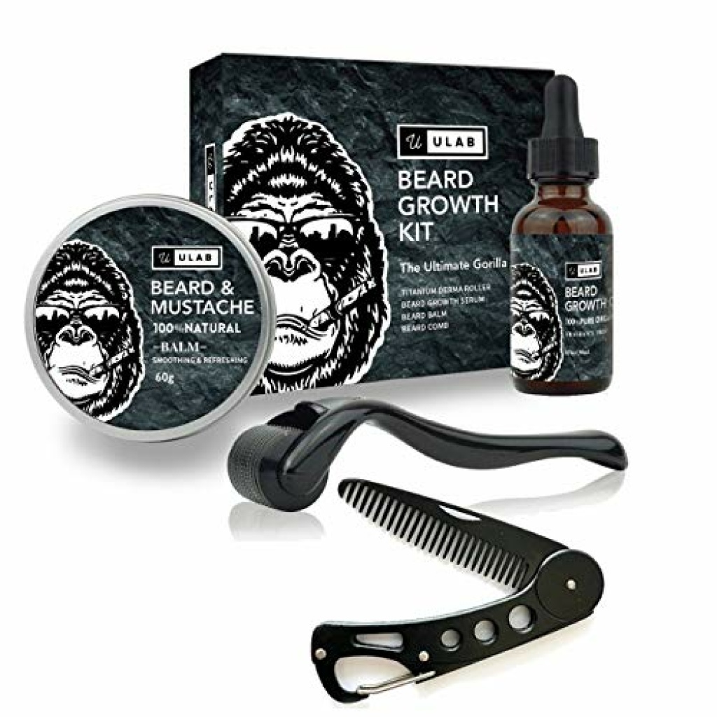 uLab Ultimate Gorilla Beard Growth Kit with Derma Roller, Beard Oil, Beard Balm and Foldable