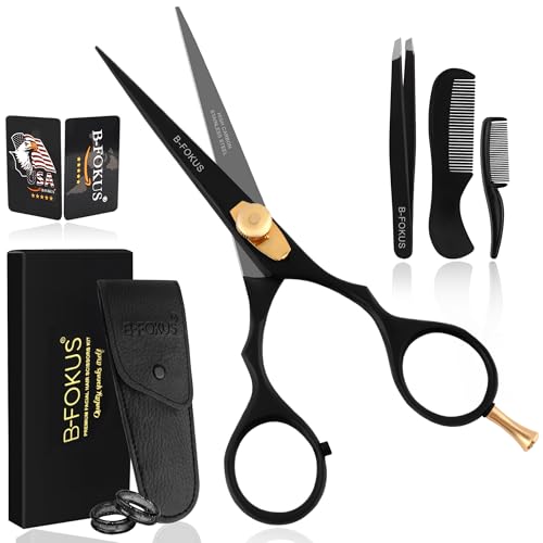 B-FOKUS-Hair-Beard-Trimming-Scissors-Kit--55-High-Carbon-Stainless-Steel-Mustache-Hair-Scissors-for-Men-Women-Kids-Adjustable-Tension-Screw--Come-with-Tweezers-Combs-Travel-Pouch-0