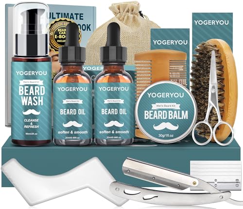 Beard-KitBeard-Grooming-Kit-for-Men-WStraight-Razor2-PACK-Beard-Oil-Wash-Balm-Brush-Comb-Scissors-Mens-Birthday-Christmas-Gifts-for-Men-Boyfriend-Husband-Beard-Trimming-Shaving-Kit-0