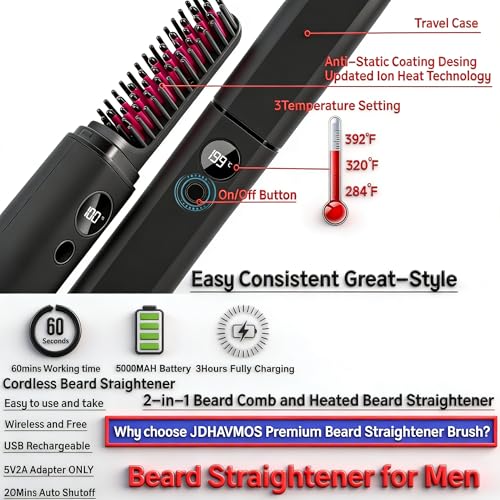 Beard-Straightener-for-Men-Heated-Beard-Brush-Cordless-Beard-Hot-Comb-for-Medium-to-Long-Beards-with-Travel-Case-Rechargeable-3-Temp-Settings-Ionic-Technology-Grooming-Gift-for-MenBlack-0-3