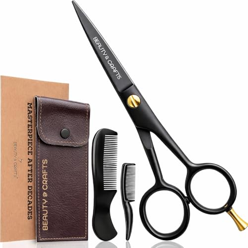Beauty-Crafts-5-Professional-Beard-Mustache-Scissors-for-Men-German-Stainless-Steel-Beard-Trimming-Shears-with-2-Mustache-Combs-Premium-Pouch-for-All-Facial-Hair-Black-0
