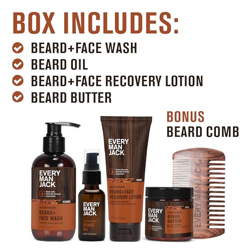 Every-Man-Jack-Beard-Essentials-Gift-Set-for-Men--Complete-Routine-with-5-Full-Size-Essentials--Aged-Bourbon-Scent-Beard-Face-Wash-Lotion-Oil-Butter-Comb-0-1