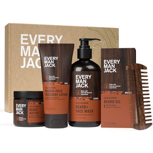 Every-Man-Jack-Beard-Essentials-Gift-Set-for-Men--Complete-Routine-with-5-Full-Size-Essentials--Aged-Bourbon-Scent-Beard-Face-Wash-Lotion-Oil-Butter-Comb-0
