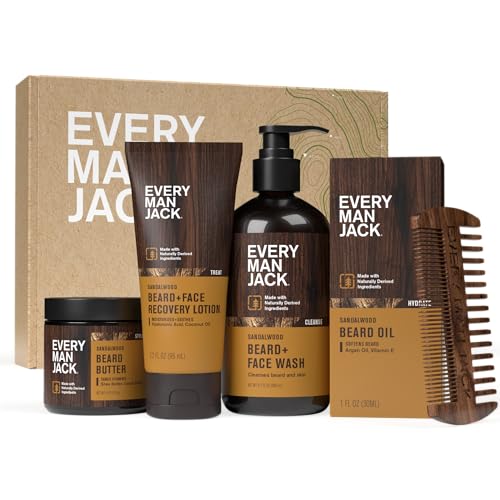 Every-Man-Jack-Beard-Essentials-Gift-Set-for-Men--Complete-Routine-with-5-Full-Size-Essentials--Sandalwood-Scent-Beard-Face-Wash-Lotion-Oil-Butter-Comb-0