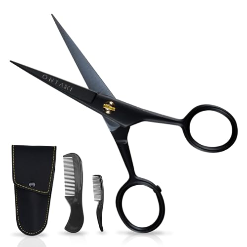 Ontaki-Mustache-Scissors-5-Inch-Black-Bevel-Edge-Precision-Beard-Trimming-Scissors-Complete-Kit-with-Mustache-Comb-Beard-Comb-0