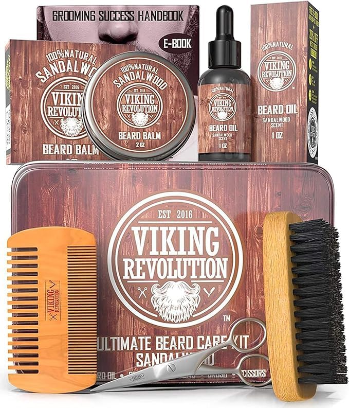 Viking-Revolution-Ultimate-Grooming-Kit-for-Men-Boar-Brush-Wood-Comb-Sandalwood-Balm-Oil-Scissors-for-Beard-Mustache-0