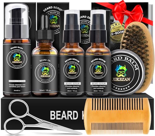 XIKEZAN-Beard-Kit-for-Men-Grooming-Care-Set-w2-Pack-Beard-Serum-Wash-Oil-Balm-Comb-Brush-Scissor-Bag-EBook-Unique-Birthday-Gifts-for-Men-Him-Dad-Husband-Brother-Christmas-Stocking-Stuffers-0